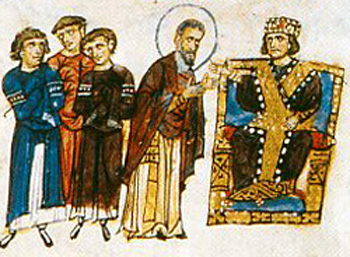 A saint counselling a Byzantine emperor